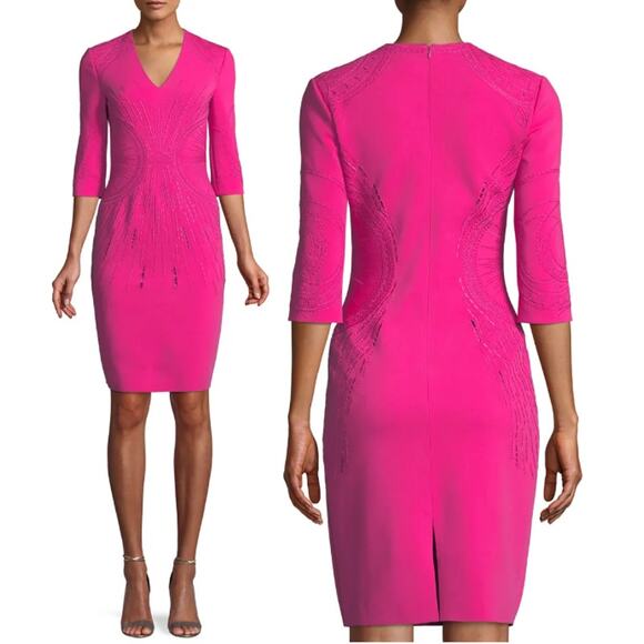 ph15 Embroidered 3/4 V-Neck Mini Sheath Dress Hot Pink Women's Size M / US 6 - Picture 1 of 7